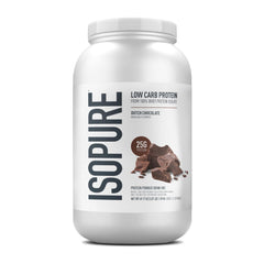 Isopure low carb whey protein powder Dutch Chocolate white tub with ISOPURE label 25g protein per serving