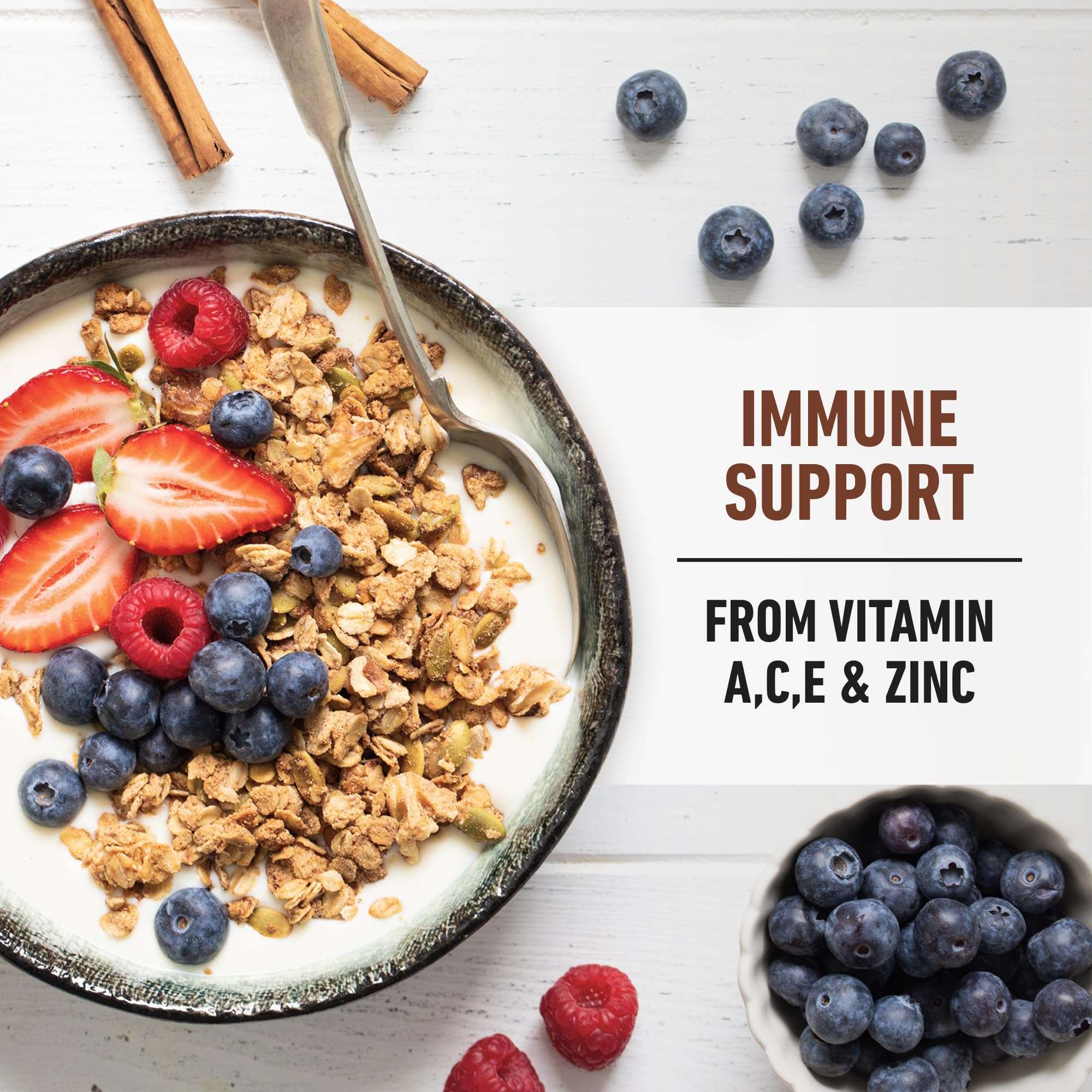 Isopure low carb whey protein powder lifestyle image showing bowl of yogurt with granola, strawberries and blueberries.