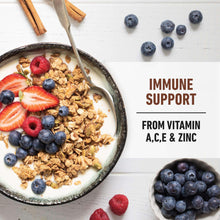 Whey protein isolate powder immune support graphic with berries and granola