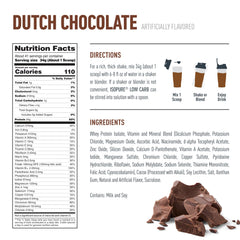 Isopure low carb whey protein powder Dutch Chocolate label showing nutrition facts ingredients and mixing directions