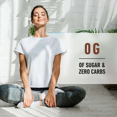 Woman meditating in sunlit room beside 0g sugar zero carbs sign promoting Isopure low carb whey protein powder for recovery