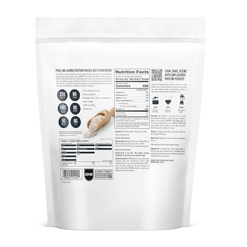 Isopure unflavored whey protein powder white resealable pouch showing nutrition facts label and scoop
