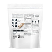 Unflavored whey protein powder back label with nutrition facts and cook, bake, blend icons