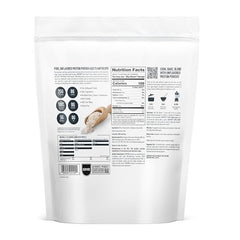 Isopure unflavored whey protein powder white resealable pouch showing nutrition facts label and scoop