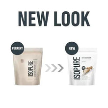 Protein powder pouches, current vs new design with ISOPURE branding and scoop icon