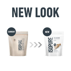 Isopure unflavored whey protein powder packaging update showing current beige pouch and new white pouch with scoop