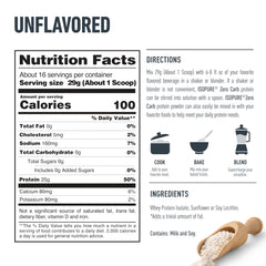 Isopure unflavored whey protein powder nutrition facts label and directions with scoop and powder image