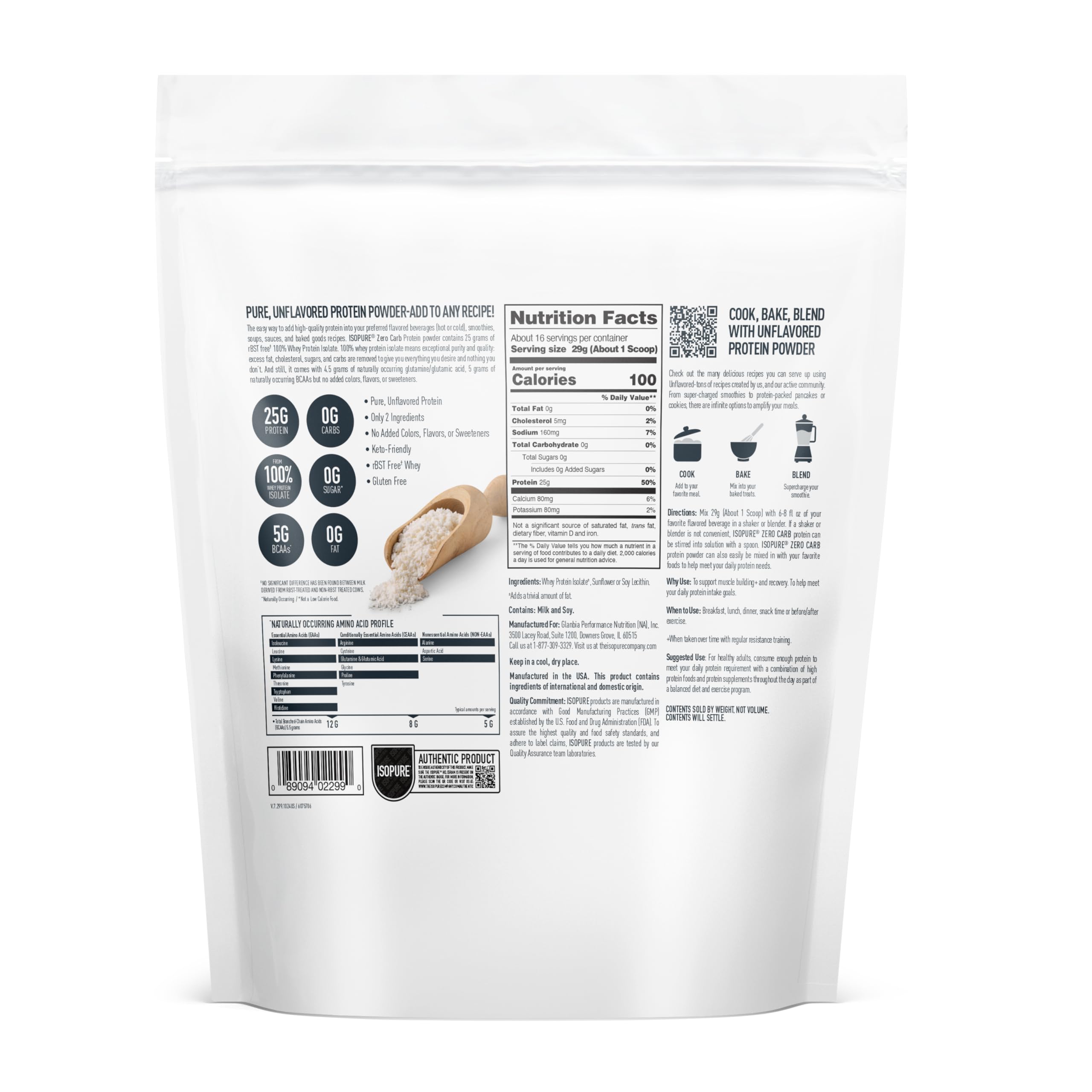 Back of Isopure unflavored whey protein powder white resealable pouch showing nutrition facts label and scoop of powder