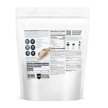 Unflavored whey protein powder back label with nutrition facts and ingredient information