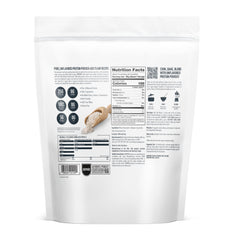 Back of Isopure unflavored whey protein powder white resealable pouch showing nutrition facts label and scoop of powder