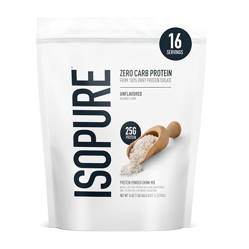 Isopure unflavored whey protein powder white resealable pouch Zero Carb Protein 16 servings 25g scoop