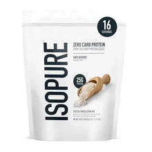 Unflavored whey isolate protein powder pouch, white with large ISOPURE logo and 16 servings