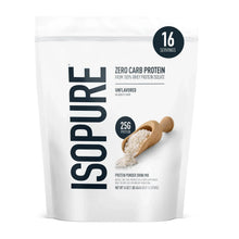 Unflavored whey isolate protein powder pouch with 16 servings badge and scoop of powder graphic