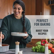 Unflavored whey protein powder baking scene with woman holding a bowl and scoop