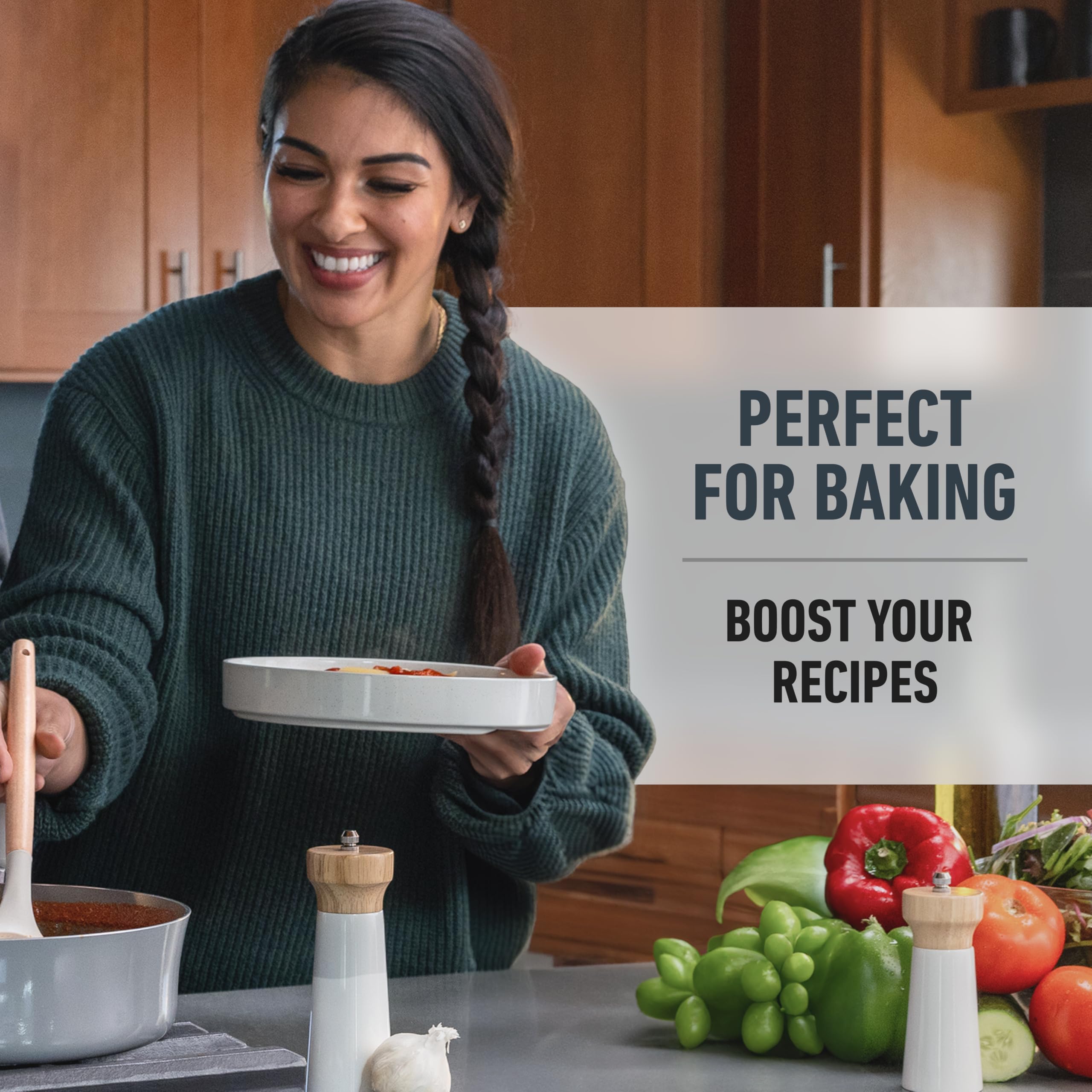 Woman cooking in kitchen with vegetables promoting Isopure unflavored whey protein powder for baking