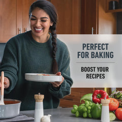 Woman cooking in kitchen with vegetables promoting Isopure unflavored whey protein powder for baking