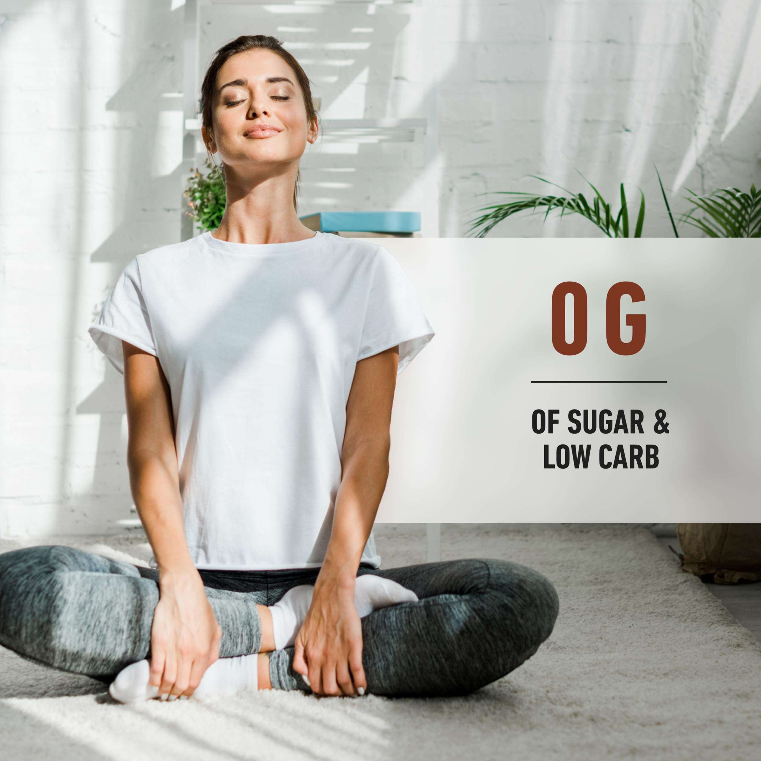 Woman meditating cross legged in bright sunlit room next to Isopure whey protein isolate banner noting 0g sugar low carb