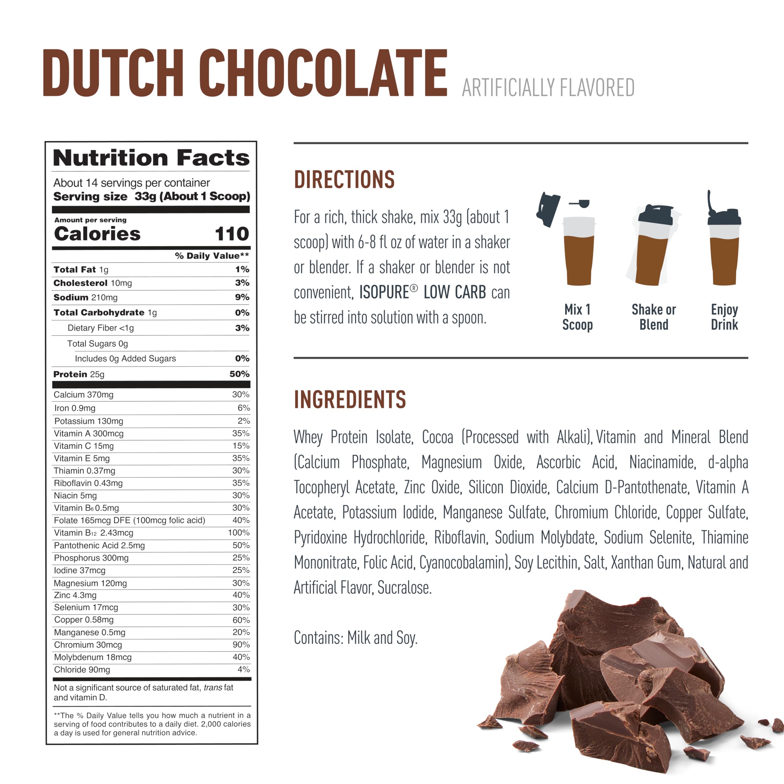 Isopure whey protein isolate Dutch Chocolate label showing nutrition facts ingredients directions and chocolate squares