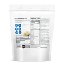 Isopure protein powder pouch back panel with nutrition facts and ingredients