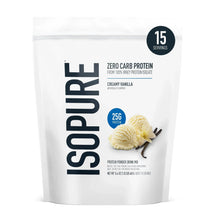 Protein powder pouch labeled Isopure, creamy vanilla, 15 servings