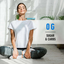 Protein supplement marketing with woman sitting cross-legged on a sofa