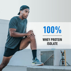 Athletic man stretching on rooftop beside Isopure Zero Carb Whey Protein banner promoting whey isolate