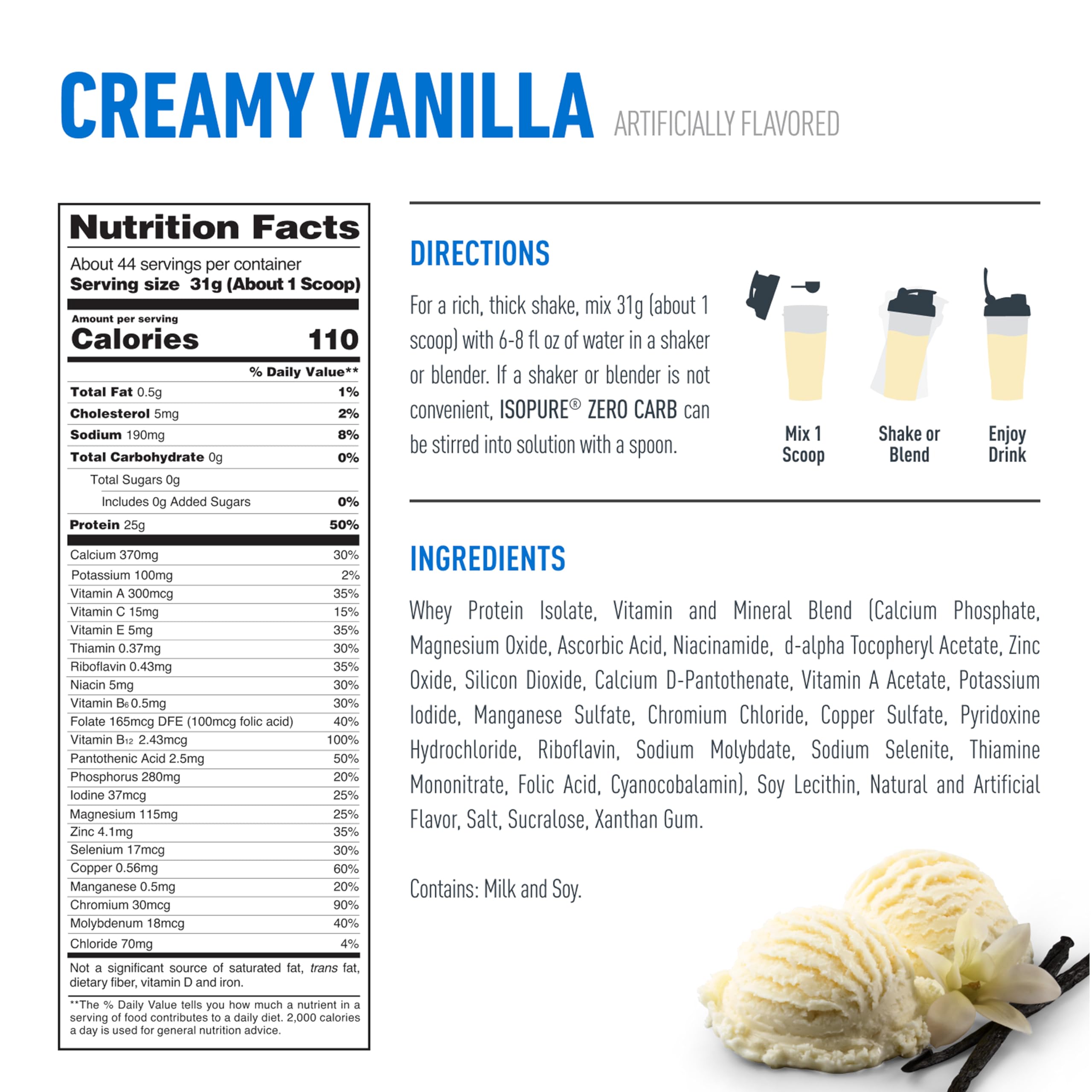 Isopure Zero Carb Whey Protein creamy vanilla label showing nutrition facts directions ingredients and serving scoop graphic