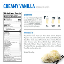 Creamy Vanilla protein powder label with Nutrition Facts panel, directions, and ingredients