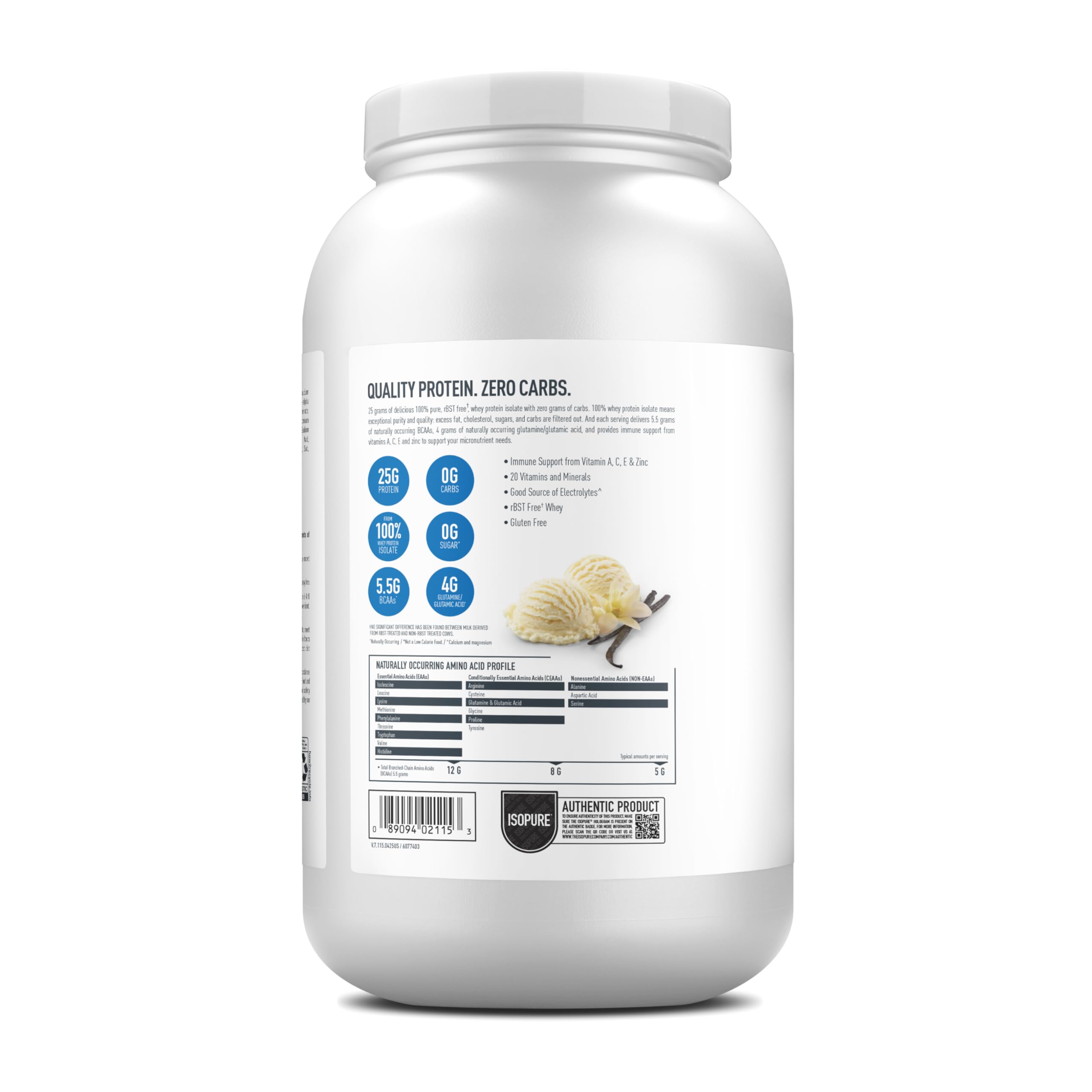 Isopure Zero Carb Whey Protein vanilla label on white tub showing nutrition facts and vanilla scoop