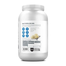 Protein isolate powder tub back panel with nutrition facts, ingredients list, and barcode