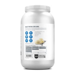 Isopure Zero Carb Whey Protein vanilla label on white tub showing nutrition facts and vanilla scoop