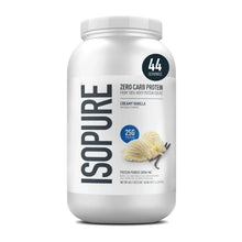 Protein isolate powder tub with white lid, Isopure label, Creamy Vanilla flavor mark