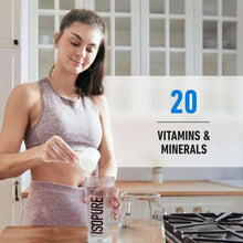 Woman pouring powder from a protein tub into a jar with 20 vitamins & minerals callout