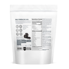 Isopure zero carb whey protein isolate cookies and cream resealable pouch showing nutrition facts label