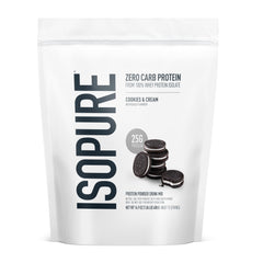 Isopure Zero Carb Protein Cookies and Cream powder pouch with stacked cookies zero carb whey protein isolate