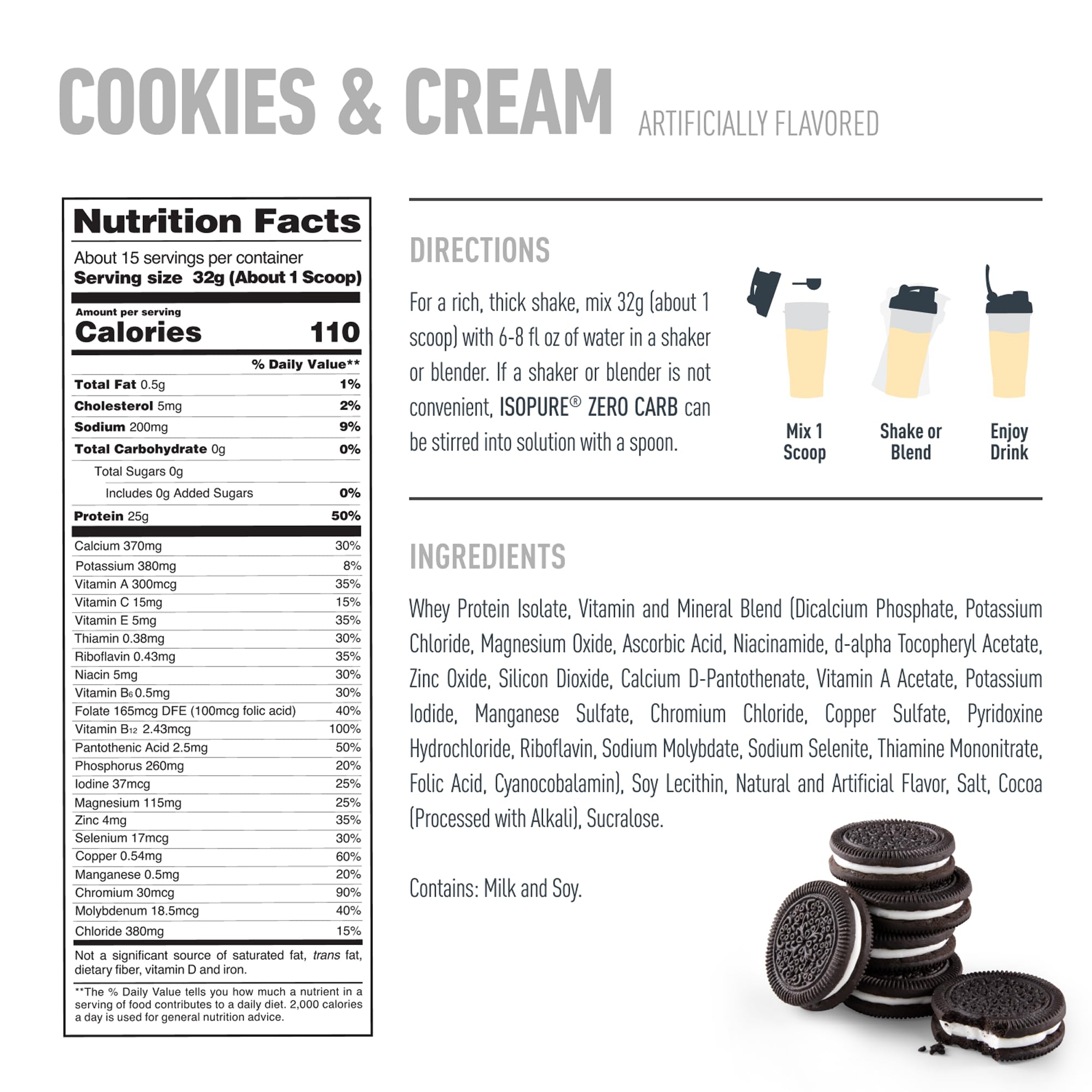 Isopure Cookies and Cream label showing nutrition facts ingredients directions and serving image zero carb whey protein isolate