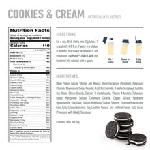 Cookies & Cream nutrition facts and ingredients panel with stacked cookies
