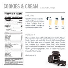 Isopure Cookies and Cream label showing nutrition facts ingredients directions and serving image zero carb whey protein isolate