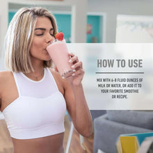Protein powder how-to-use banner with a woman drinking a smoothie