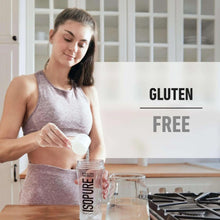 Protein powder serving with scoop and jar, gluten-free label on packaging
