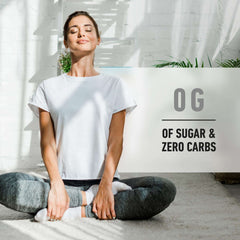 Isopure supplement ad with woman meditating promoting zero carb whey protein isolate and 0g sugar