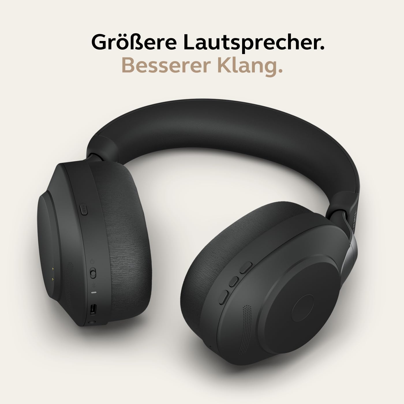 Jabra Evolve2 85 wireless headset in black with large speakers for better sound quality