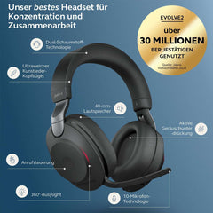 Jabra Evolve2 85 wireless headset with dual foam technology, active noise cancellation, and 40mm speakers