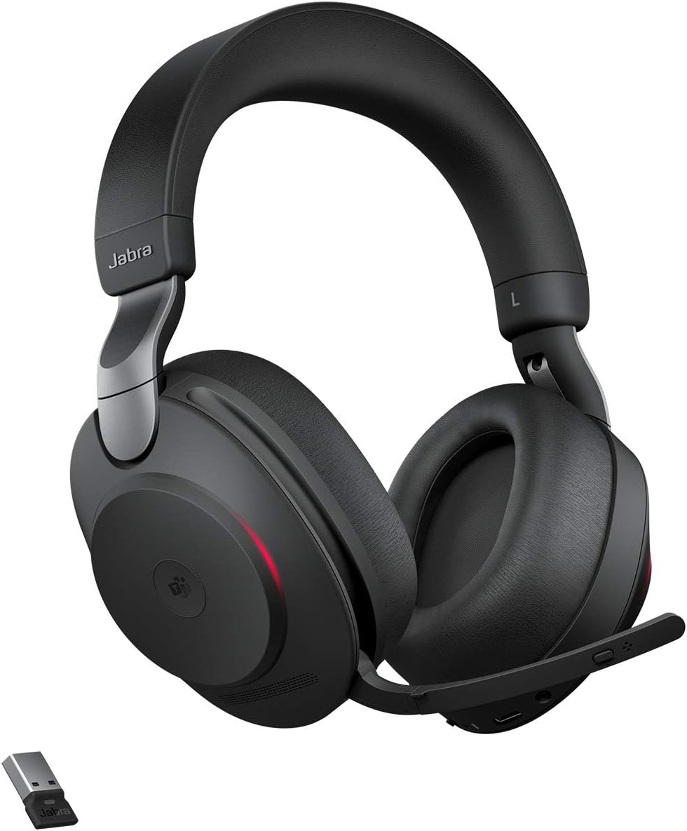 Jabra Evolve2 85 wireless headset in black with padded ear cups and boom microphone