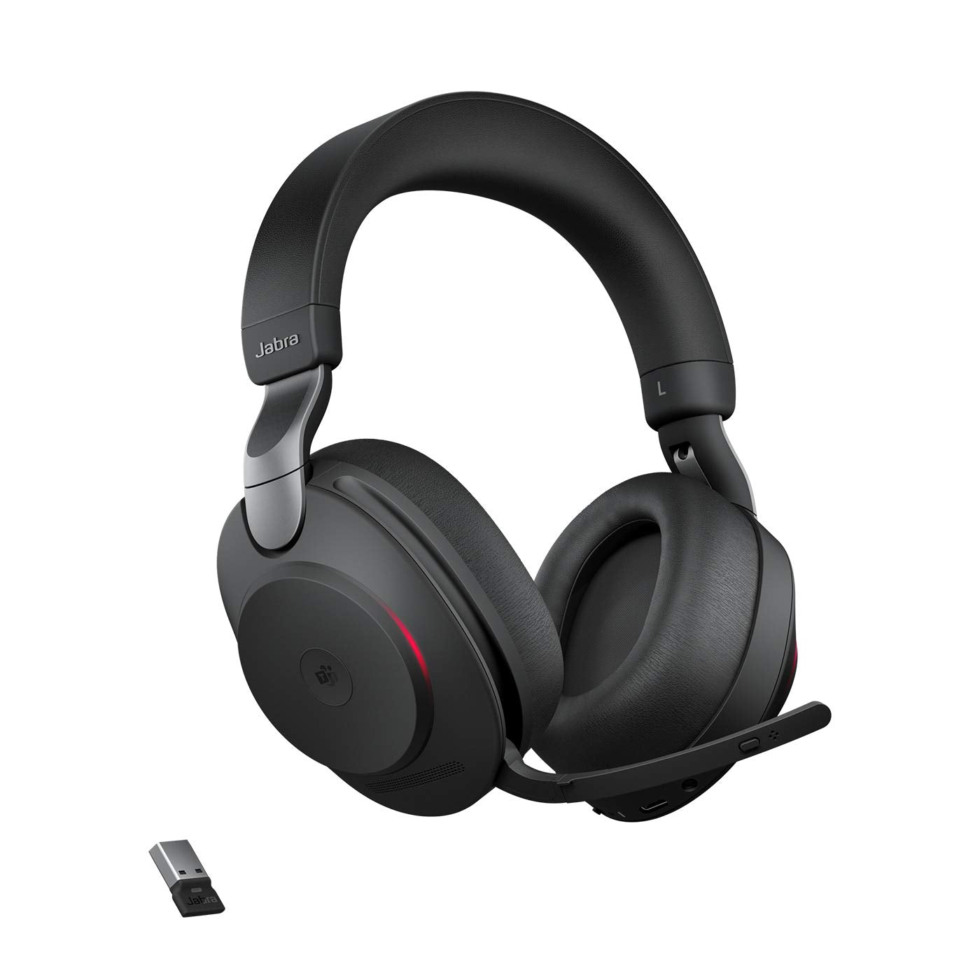 Jabra Evolve2 85 wireless headset in black with cushioned ear cups and detachable mic