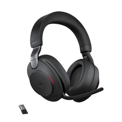 Jabra Evolve2 85 wireless headset in black with cushioned ear cups and detachable mic