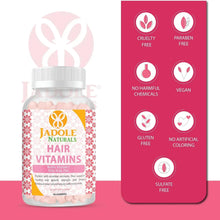 Jadole Naturals Hair Vitamins gummy bottle beside vegan and cruelty-free icons