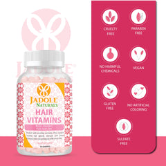 Jadole Naturals hair growth vitamins gummies bottle with pink gummies and label showing vegan cruelty free benefits