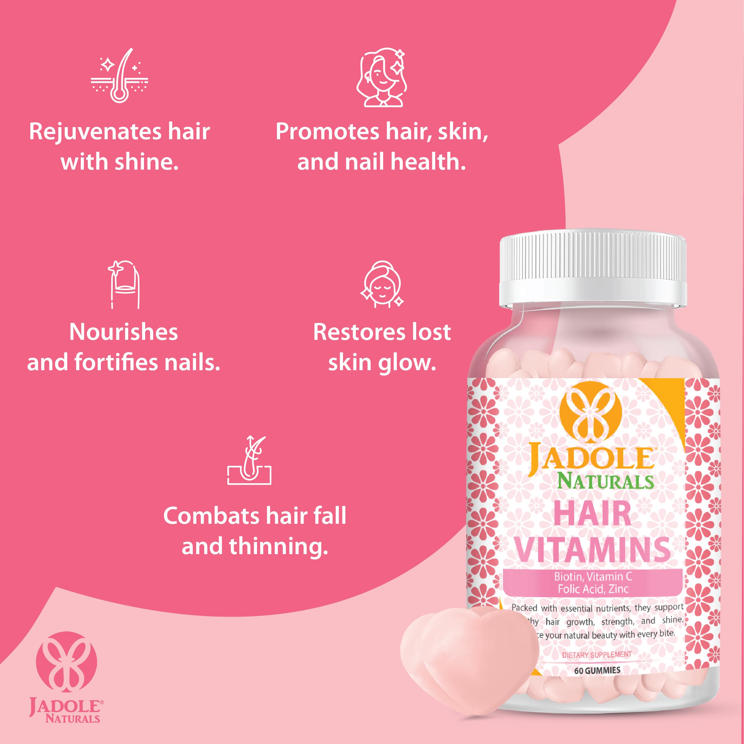 Jadole Naturals hair growth vitamins gummies bottle with pink heart gummies and benefit icons on pink background