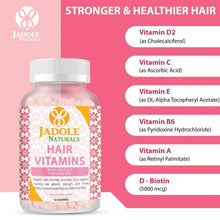 Jadole Naturals Hair Vitamins gummy bottle with Vitamin D2, C, E, B6 callouts